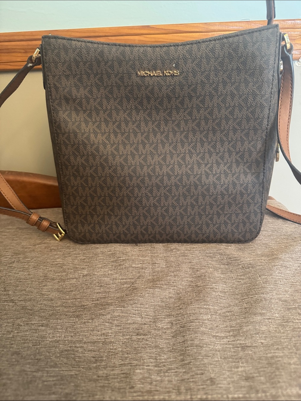 Michael Kors Dark Brown Signature Messenger Bag with Gold Hardware